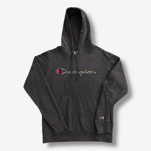 Champion Mens Gray Spellout Hoodie Embroidered Patch Dark Gray Small